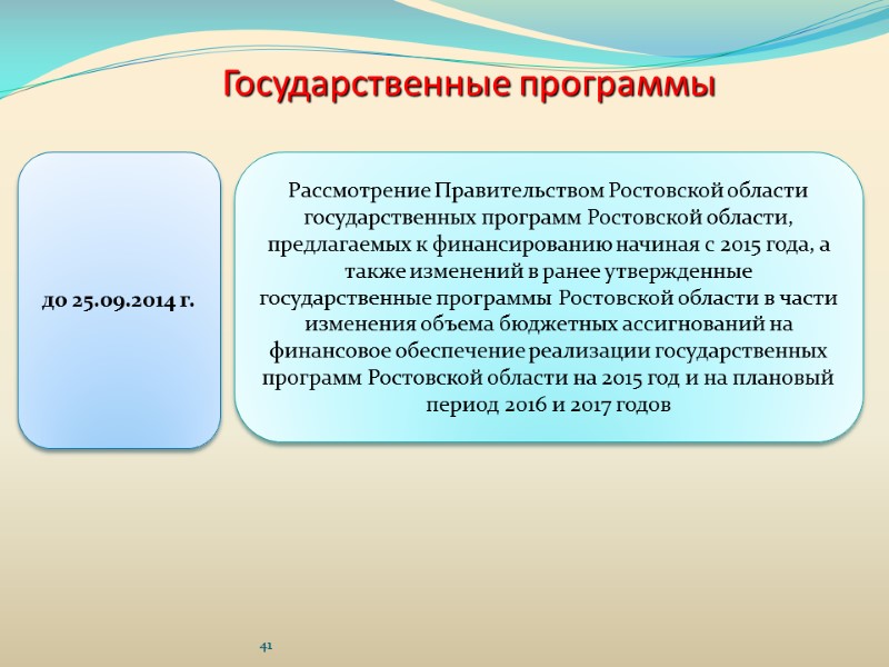 до 25.09.2014 г. Рассмотрение Правительством Ростовской области государственных программ Ростовской области, предлагаемых к финансированию